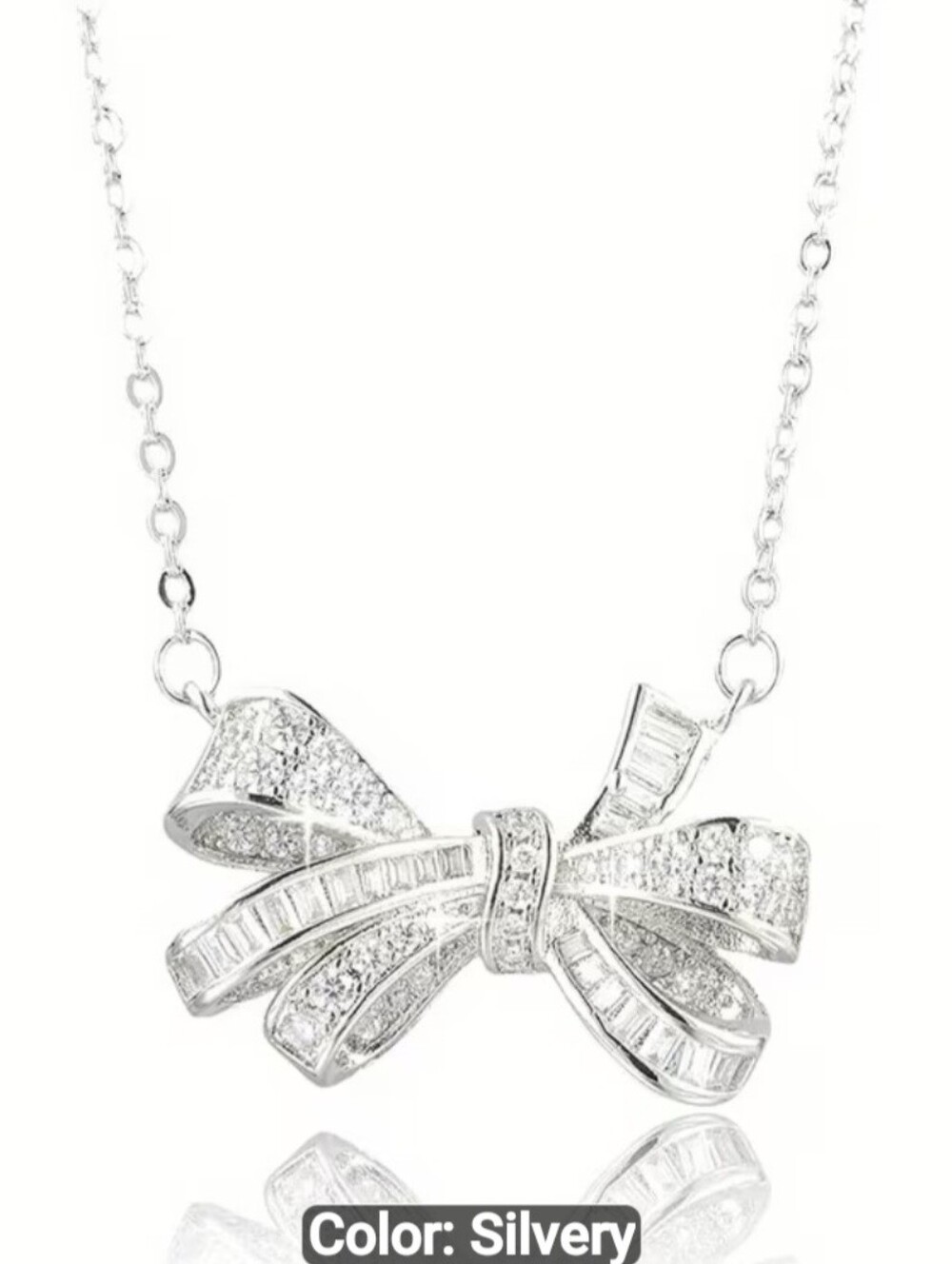 🎀🎀NEW🎀🎀 BEAUTIFUL!! SS Round And Baugette CZ Bow Necklace In SILVER.